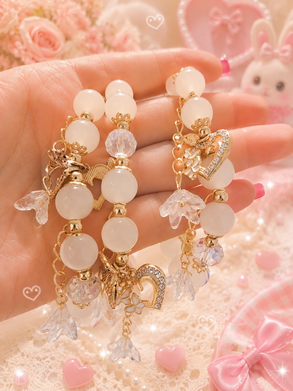 Set Of 3 Gold & White Heart Charm Beaded Bracelet - Elegant Women's Jewelry